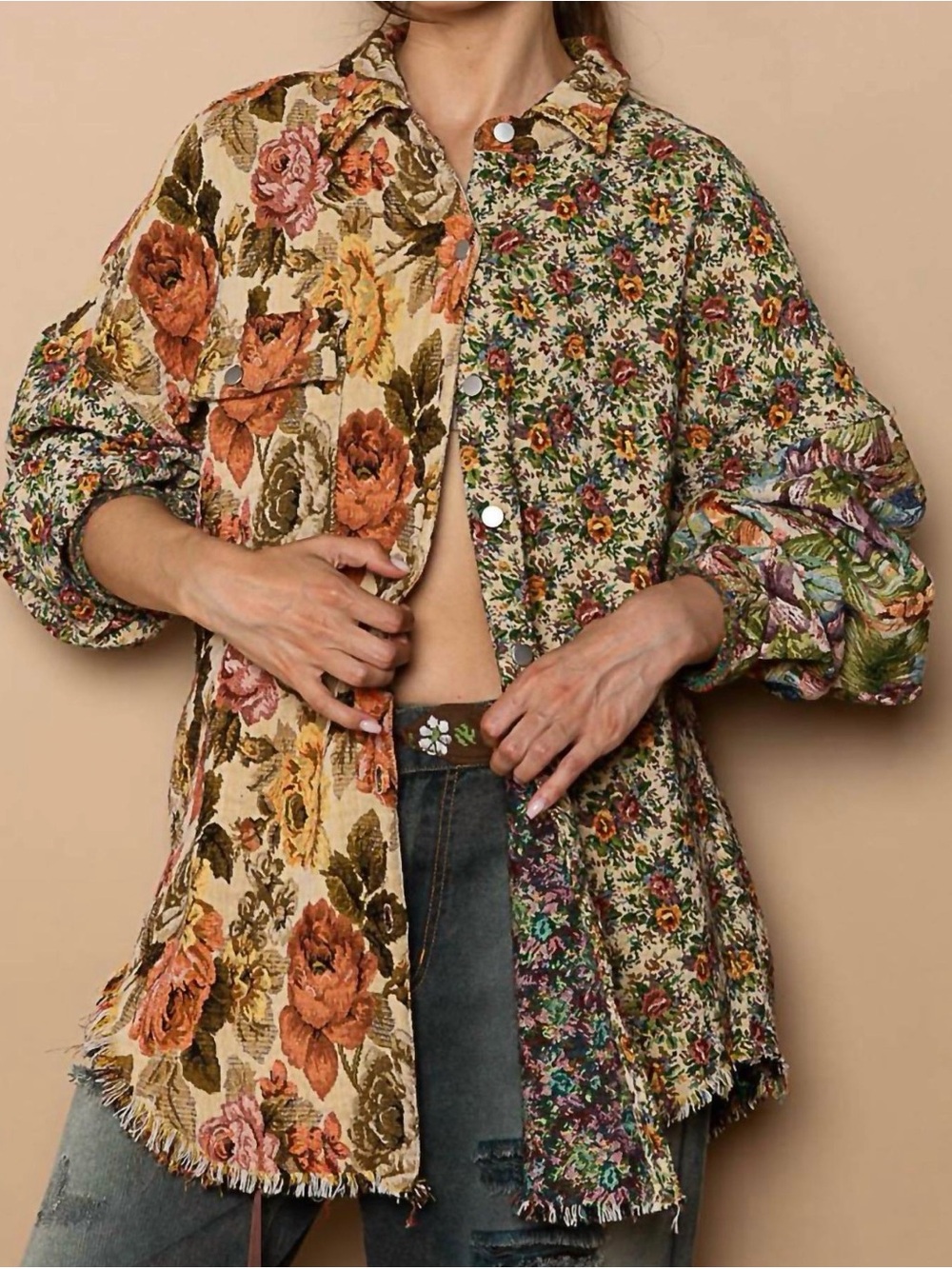 🌺 POL Womens My Vintage Romance Jacquard Floral Patchwork Jacket Shacket Size S - Picture 3 of 15
